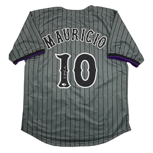 Autographed/Signed Ronny Mauricio New York Grey Pinstripe City Connect Baseball Jersey Beckett BAS COA