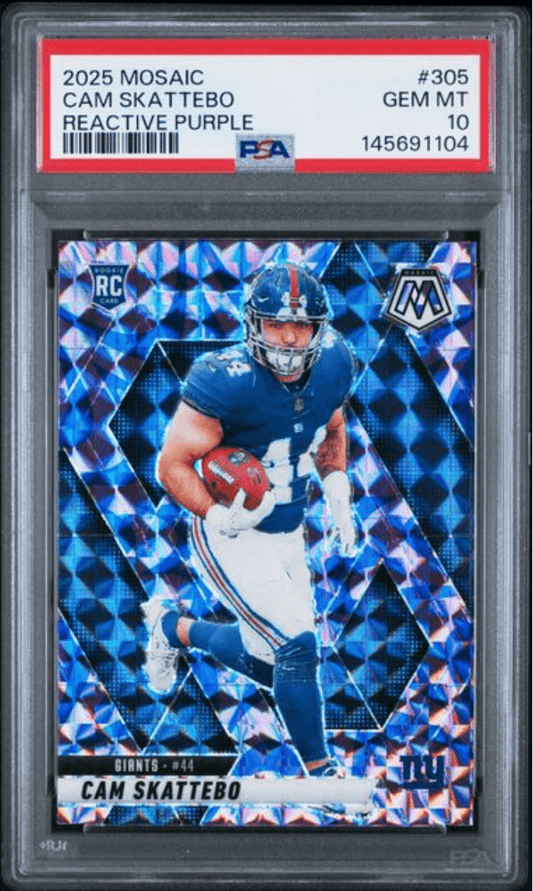 Graded 2025 Panini Mosaic Cam Skattebo #305 Reactive Purple Rookie RC Football Card PSA 10 Gem Mint