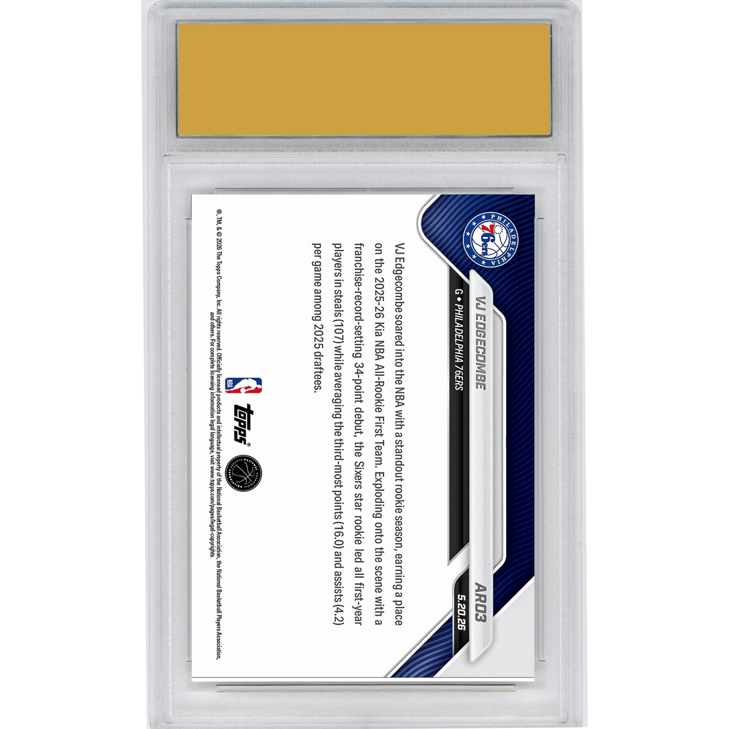 Graded 2025 Topps Now VJ Edgecombe #AR03 2025-26 KIA NBA All Rookie First Team Selection Philadelphia 76ers Rookie RC Basketball Card HOFSM 10 Gem Mint
