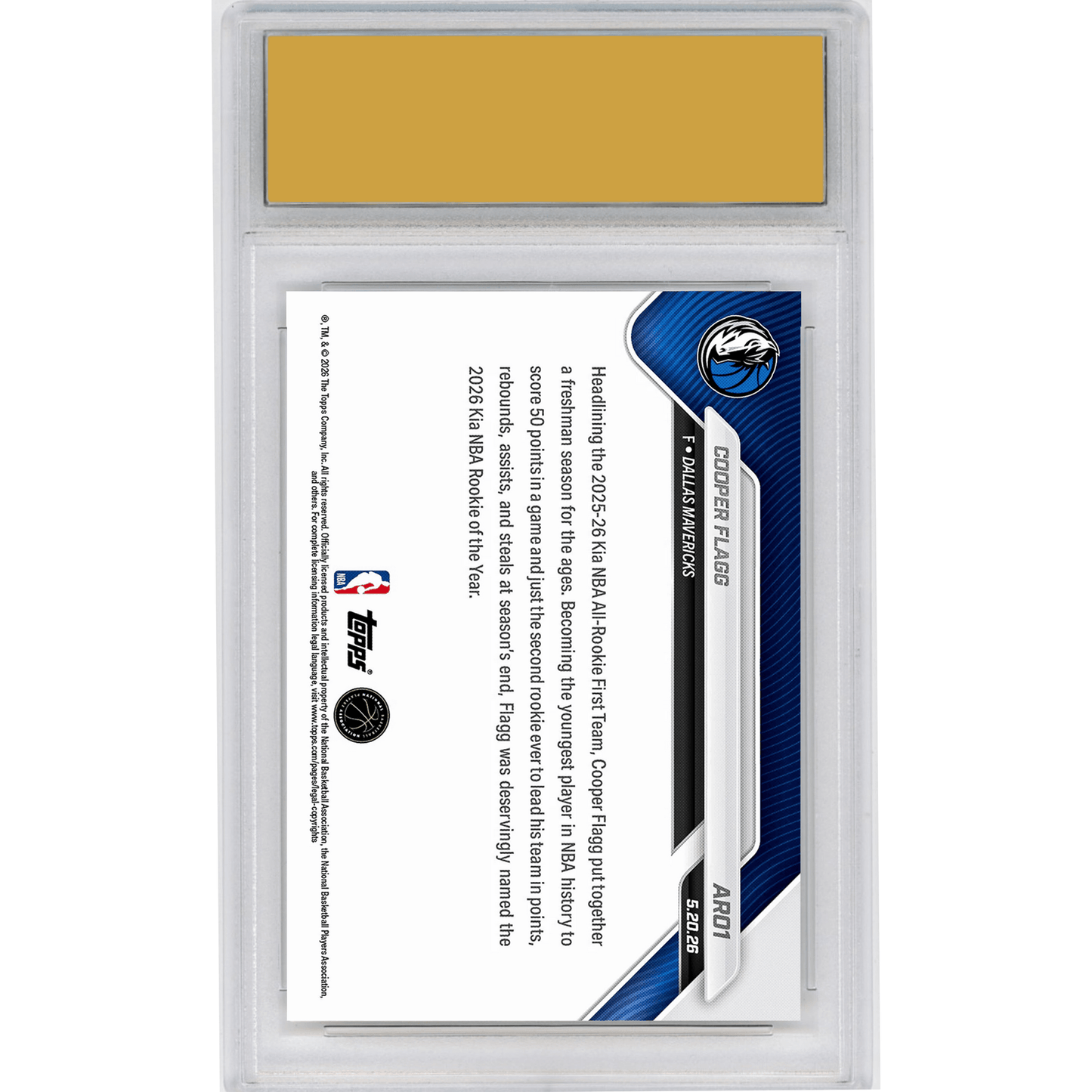 Graded 2025 Topps Now Cooper Flagg #AR01 2025-26 KIA NBA All Rookie First Team Selection Dallas Mavericks Rookie RC Basketball Card HOFSM 10 Gem Mint