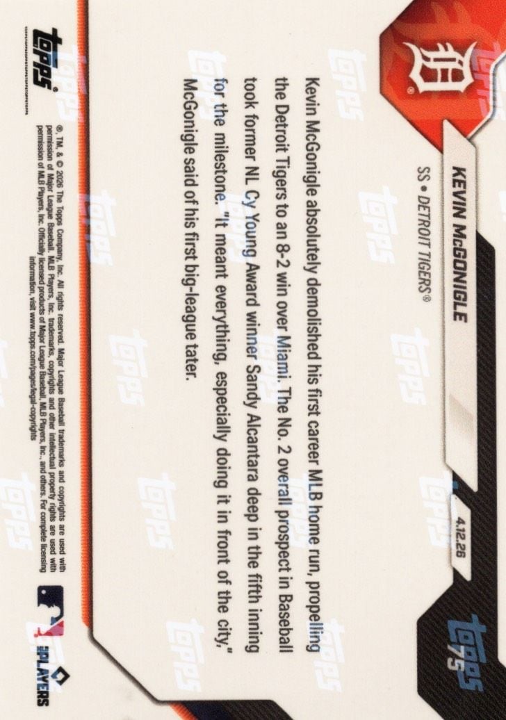 2026 Topps Now Kevin McGonigle #75 Orange Foil /25 Blasts 1st Carer MLB Home Run in Series Sweep Detroit Tigers Rookie RC Baseball Card
