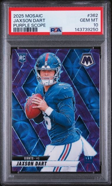 Graded 2025 Panini Mosaic Jaxson Dart #362 Purple Scope Rookie RC Football Card PSA 10 Gem Mint