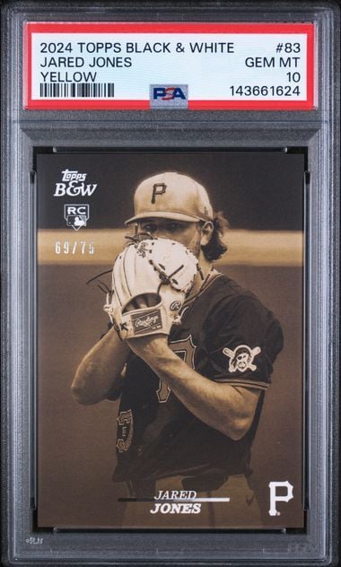 Graded 2024 Topps Black & White Jared Jones #83 /75 Yellow Rookie RC Baseball Card PSA 10 Gem Mint