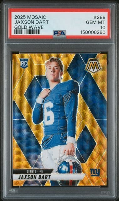 Graded 2025 Panini Mosaic Jaxson Dart #288 /10 Gold Wave Rookie RC Football Card PSA 10 Gem Mint