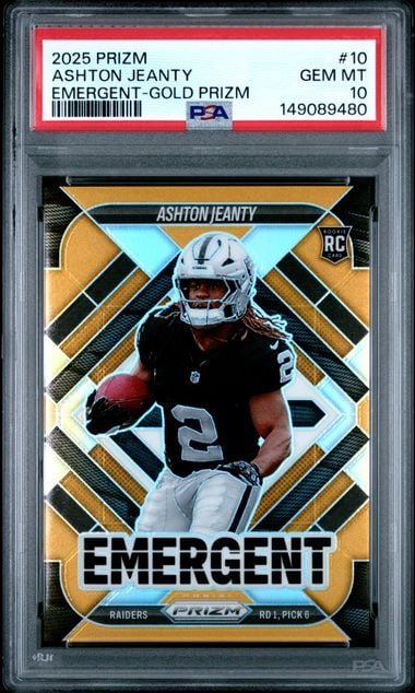 Graded 2025 Panini Prizm Ashton Jeanty #10 /10 Emergent Gold Prizm Rookie RC Football Card PSA 10 Gem Mint