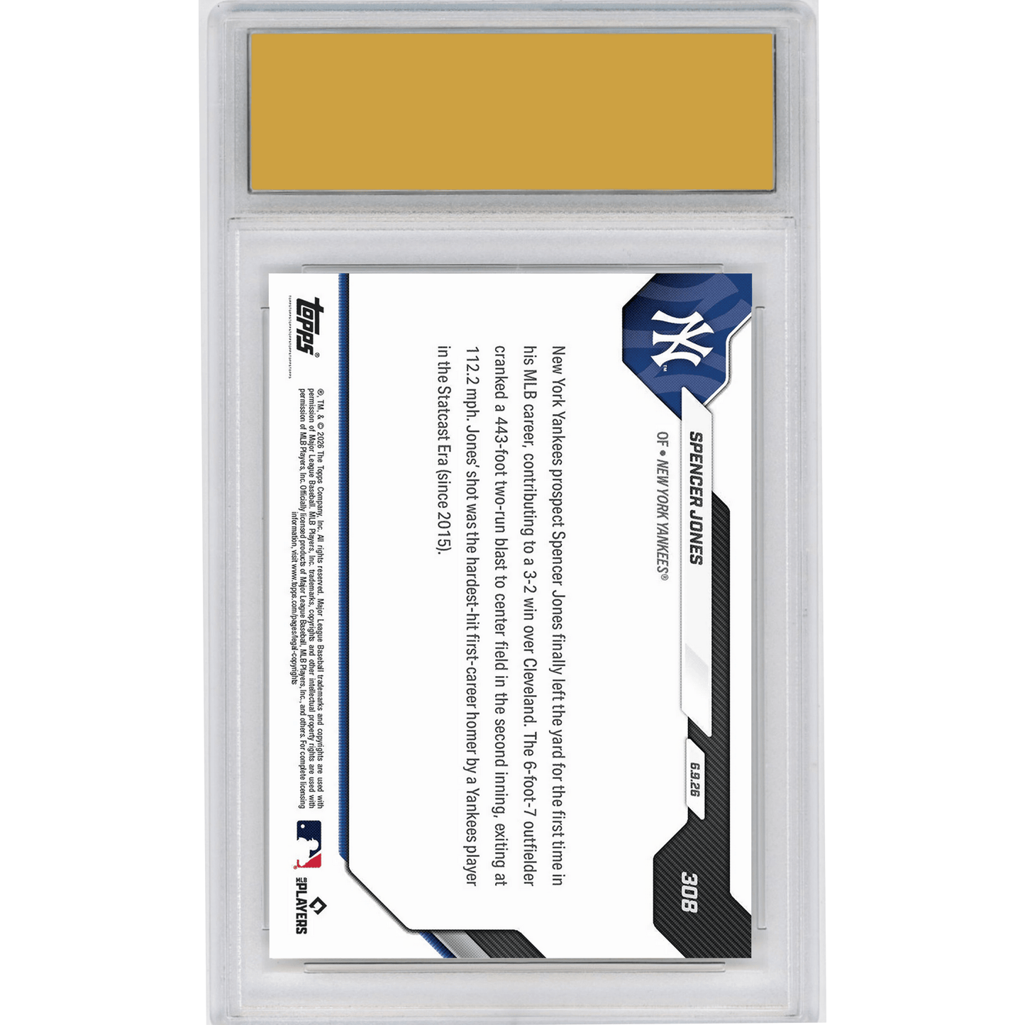 Graded 2026 Topps Now Spencer Jones #308 Hardest Hit 1st Home Run by Club Player in Statcast Era New York Yankees Rookie RC Baseball Card HOFSM 10 Gem Mint