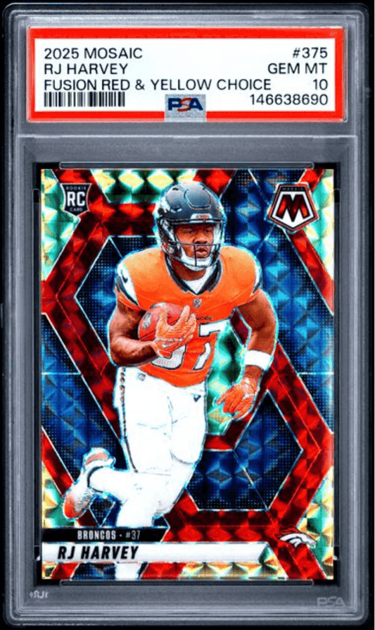Graded 2025 Panini Mosaic RJ Harvey #375 Fushion Red & Yellow Choice /89 Rookie RC Football Card PSA 10 Gem Mint