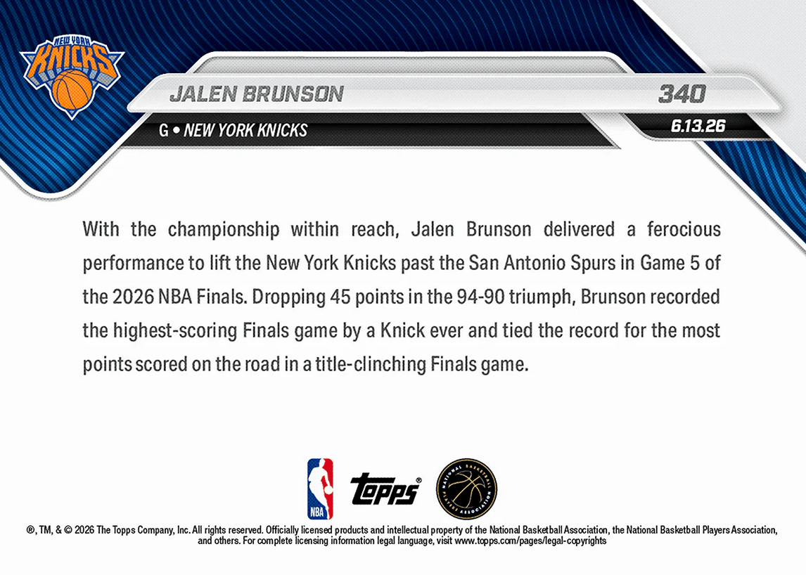 2025 Topps Now Jalen Brunson #340 45 Point Masterpiece Earns 1st Career NBA Title New York Knicks Basketball Card
