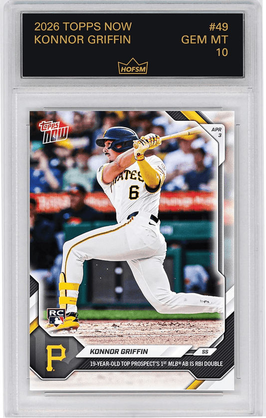 Graded 2026 Topps Now Konnor Griffin #49 19 Year Old Top Prospect's 1st MLB AB is RBI Double Pittsburgh Pirates Rookie RC Baseball Card HOFSM 10 Gem Mint
