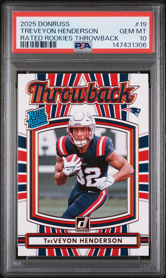 Graded 2025 Panini Donruss TreVeyon Henderson #19 Rated Rookies Throwback Rookie RC Football Card PSA 10 Gem Mint