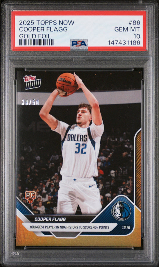 Graded 2025 Topps Now Cooper Flagg #86 Gold Foil Rookie RC Basketball Card PSA 10 Gem Mint