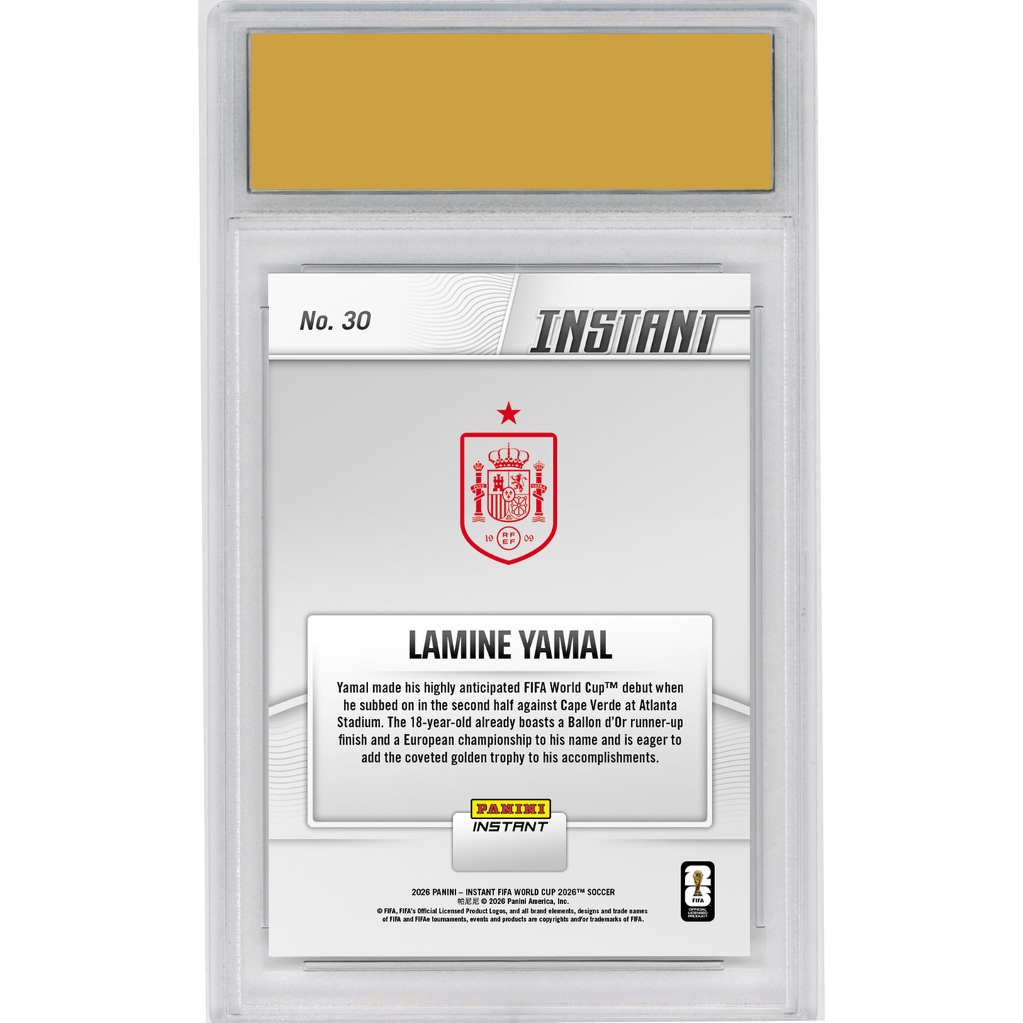 Graded 2026 Panini Instant FIFA World Cup Lamine Yamal #30 Spanish Starlet Struts Stuff On Big Stage Spain Soccer Card HOFSM 10 Gem Mint