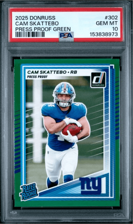 Graded 2025 Panini Donruss Cam Skattebo #302 Press Proof Green Rookie RC Football Card PSA 10 Gem Mint