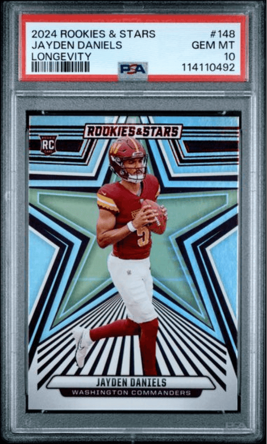 Graded 2024 Panini Rookies & Stars Jayden Daniels #148 Longevity Rookie RC Football Card PSA 10 Gem Mint