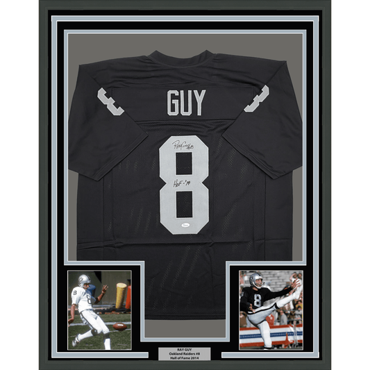 Framed Autographed/Signed Ray Guy HOF 14 35x39 Oakland Las Vegas Black Football Jersey JSA COA