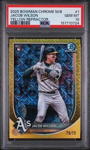 Graded 2025 Topps Bowman Chrome Mega Box Jacob Wilson #1 Yellow Refractor 75/75 Rookie RC Baseball Card PSA 10 Gem Mint