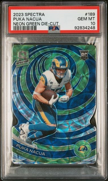 Graded 2023 Panini Spectra Puka Nacua #189 Neon Green Die Cut /30 Rookie RC Football Card PSA 10 Gem Mint