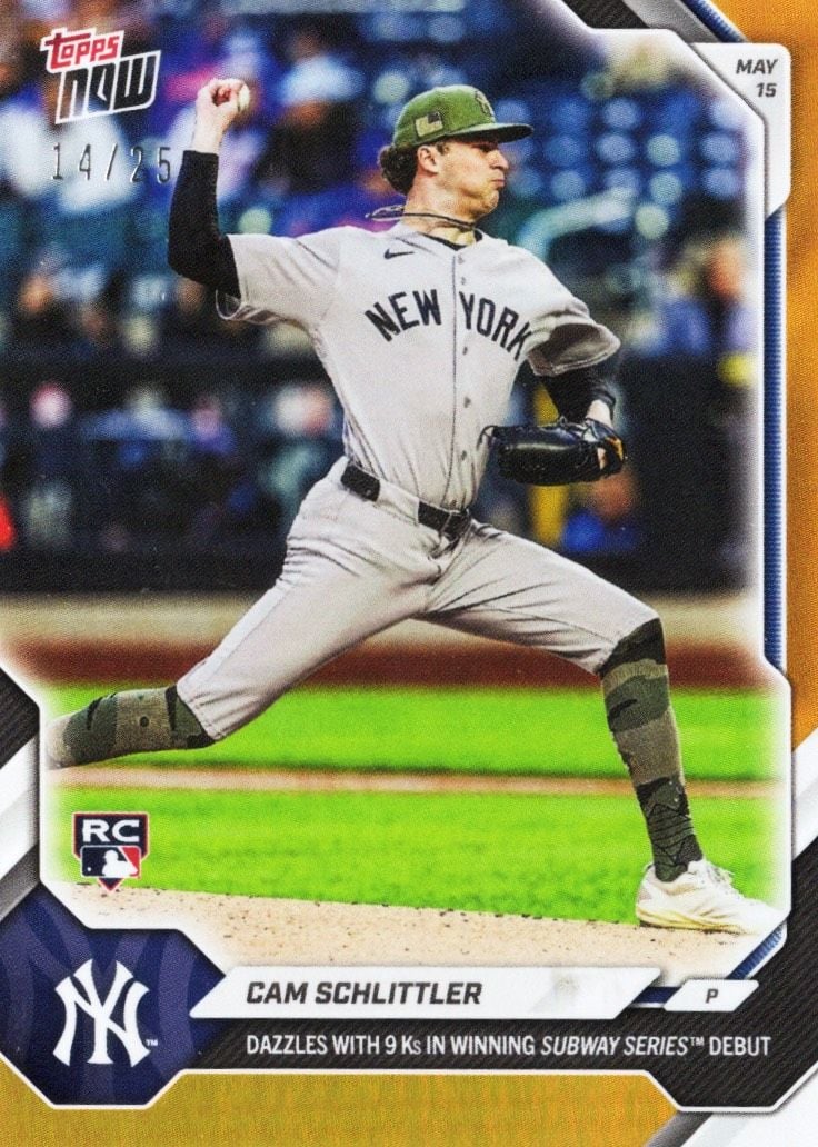 2026 Topps Now Cam Schlittler #206 Orange Foil /25 Dazzles with 9Ks in Winning Subway Series Debut New York Yankees Rookie RC Baseball Card