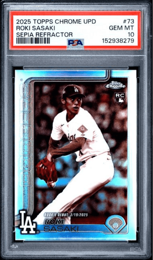 Graded 2025 Topps Chrome Update Roki Sasaki #73 Sepia Refractor Rookie RC Baseball Card PSA 10 Gem Mint
