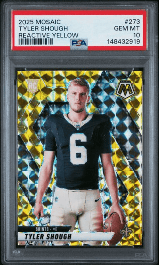 Graded 2025 Panini Mosaic Tyler Shough #273 Reactive Yellow Rookie RC Football Card PSA 10 Gem Mint