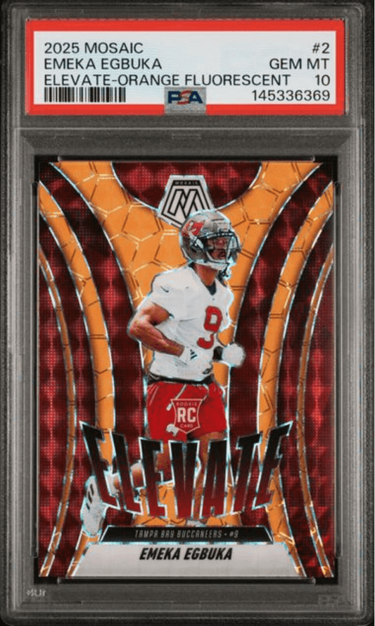 Graded 2025 Panini Mosaic Emeka Egbuka #2 Elevate Orange Fluorescent Rookie RC Football Card PSA 10 Gem Mint