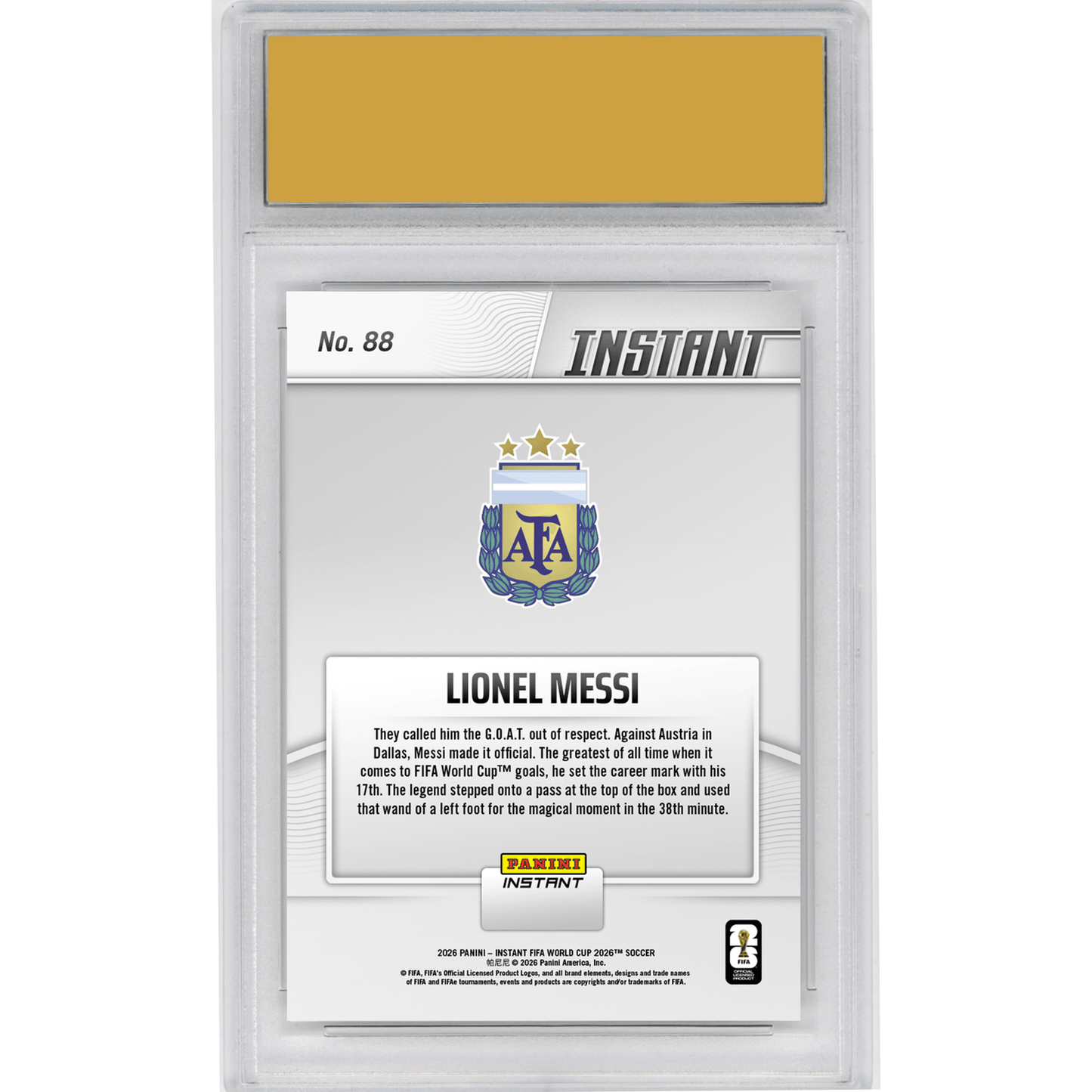 Graded 2026 Panini Instant FIFA World Cup Lionel Messi #88 Argentina Legend Sets FIFA World Cup Goals Mark Argentina Soccer Card HOFSM 10 Gem Mint