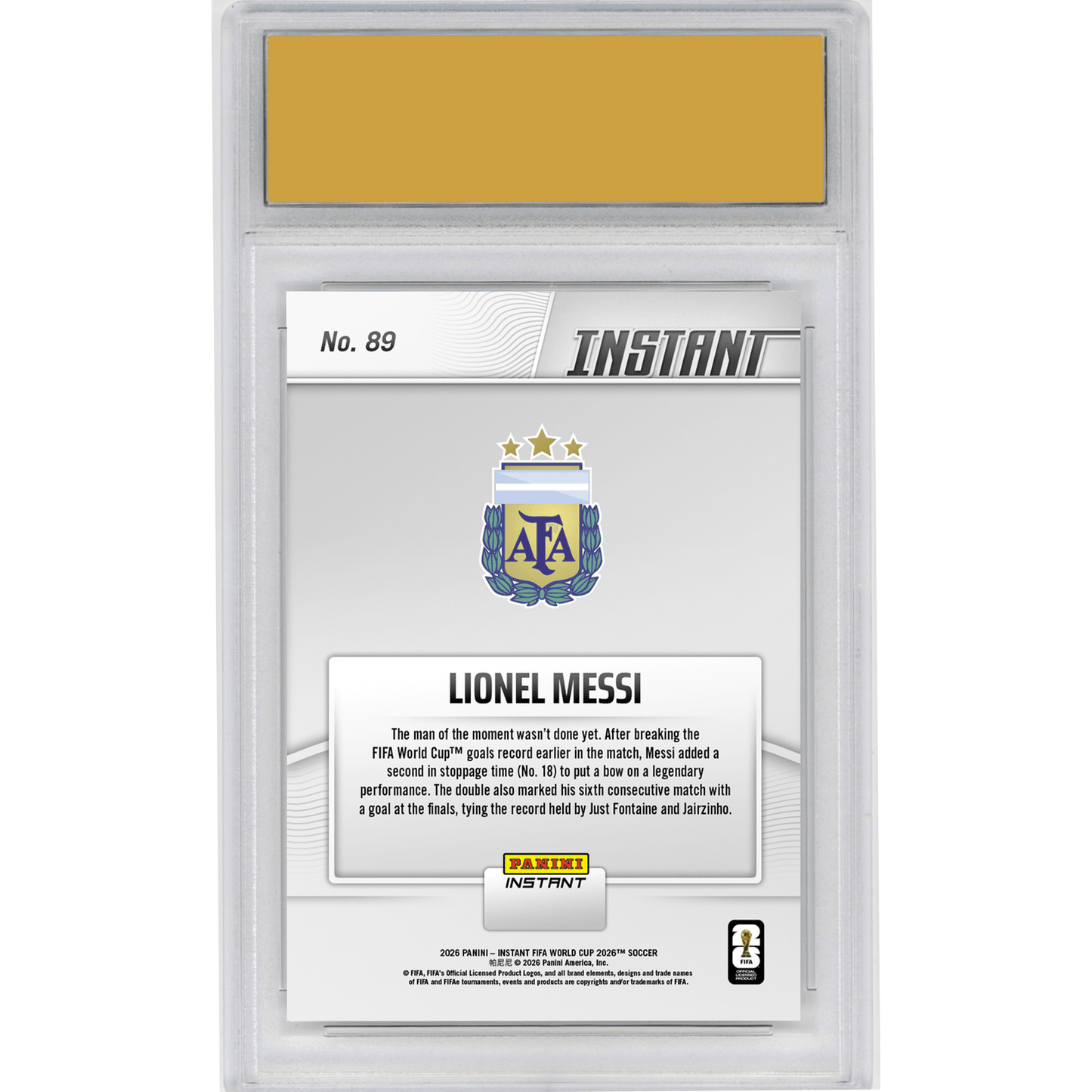 Graded 2026 Panini Instant FIFA World Cup Lionel Messi #89 Messi On Top of The World with Historic Double Argentina Soccer Card HOFSM 10 Gem Mint