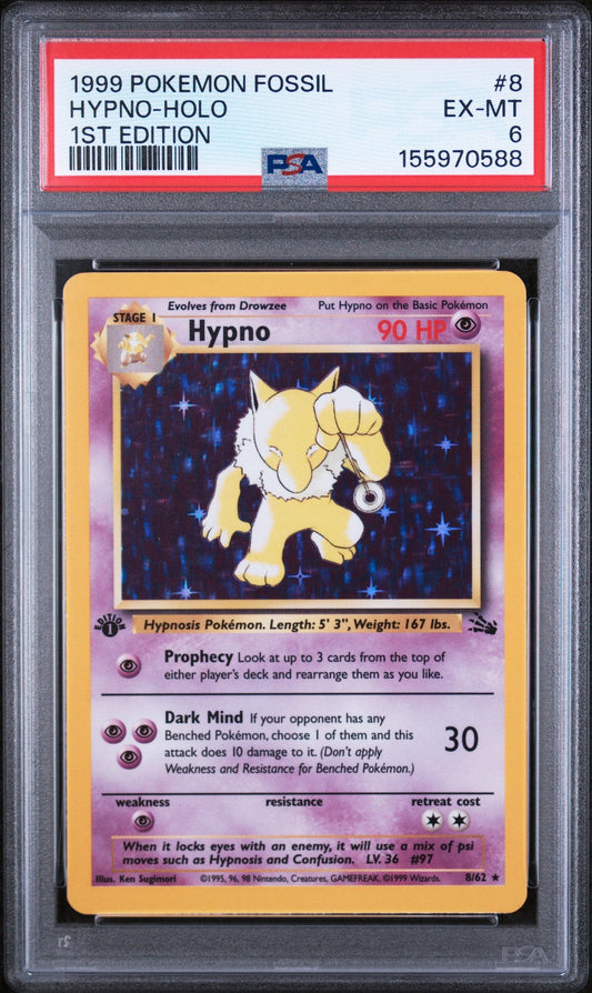 Graded 1999 Pokemon Fossil Hypno-Holo #8 1st Edition Trading Card Game PSA 6 Excellent