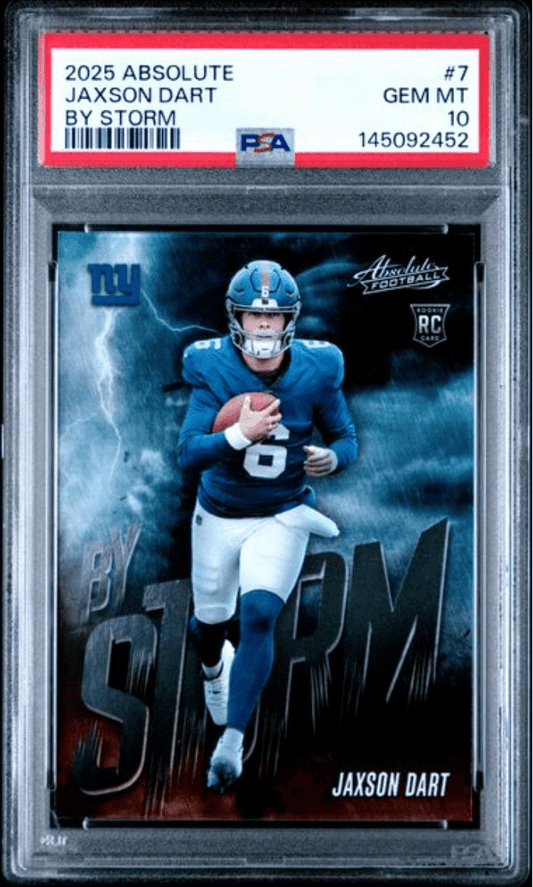 Graded 2025 Panini Absolute Jaxson Dart #7 By Storm Rookie RC Football Card PSA 10 Gem Mint