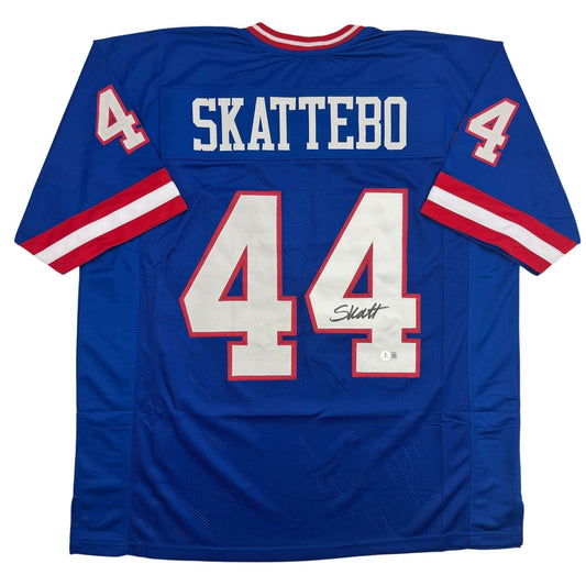 Autographed/Signed Cam Skattebo New York Blue Retro Football Jersey Beckett BAS COA