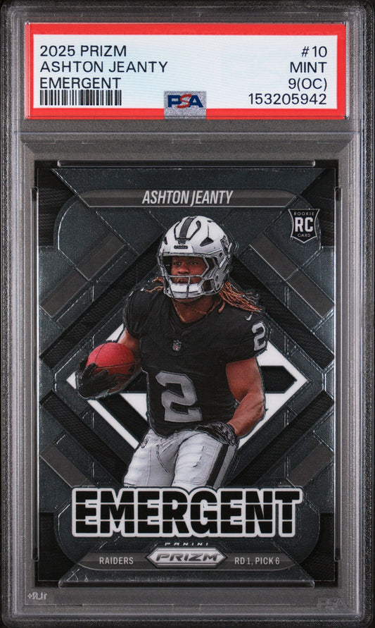 Graded 2025 Panini Prizm Ashton Jeanty #10 Emergent Rookie RC Football Card PSA 9