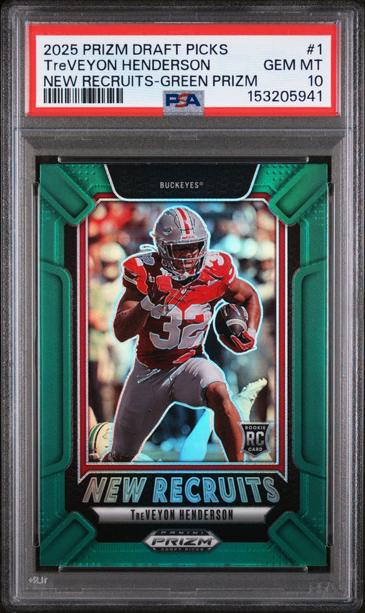Graded 2025 Panini Prizm Draft Picks TreVeyon Henderson #1 New Recruits Green Rookie RC Football Card PSA 10 Gem Mint