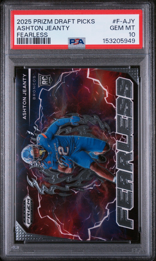 Graded 2025 Panini Prizm Draft Picks Ashton Jeanty #F-AJY Fearless Rookie RC Football Card PSA 10 Gem Mint