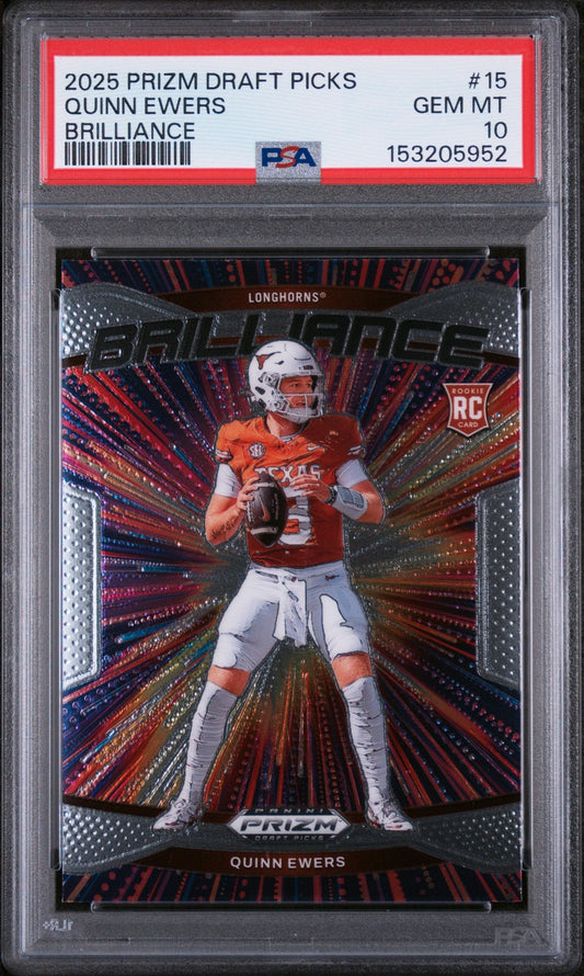 Graded 2025 Panini Prizm Draft Picks Quinn Ewers #15 Brilliance Rookie RC Football Card PSA 10 Gem Mint