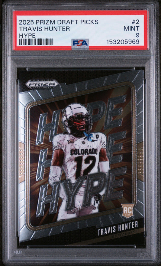 Graded 2025 Panini Prizm Draft Picks Travis Hunter #2 Hype Rookie RC Football Card PSA 9 Mint