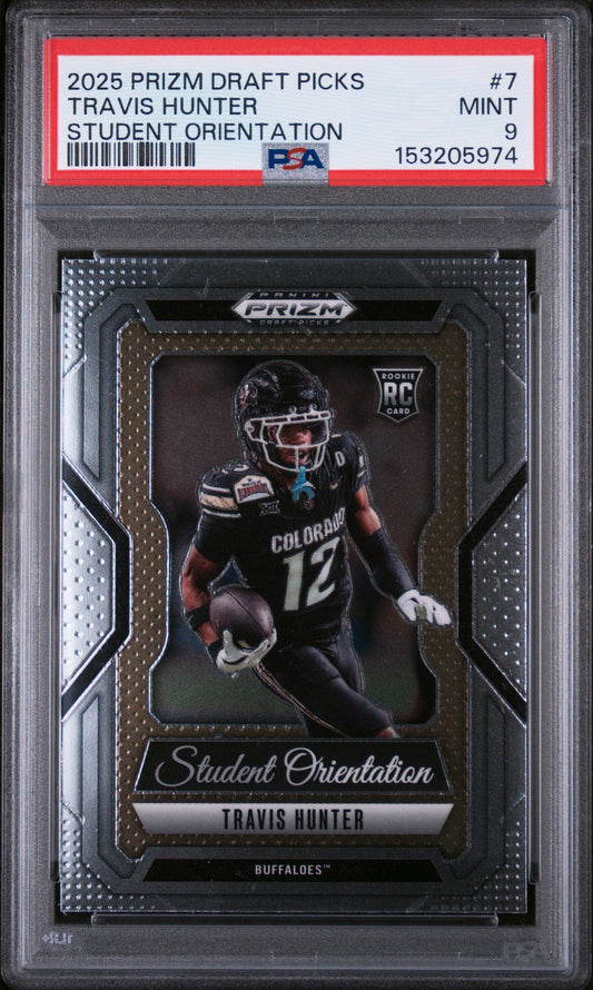 Graded 2025 Panini Prizm Draft Picks Travis Hunter #7 Student Orientation Rookie RC Football Card PSA 9 Mint