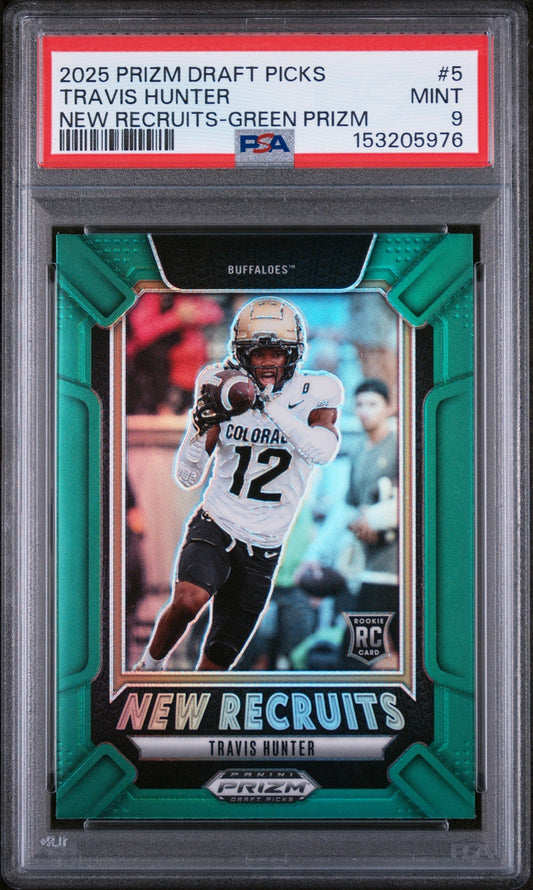 Graded 2025 Panini Prizm Draft Picks Travis Hunter #5 New Recruits Green Rookie RC Football Card PSA 9 Mint
