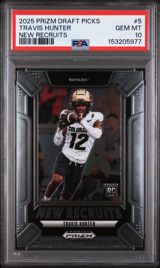 Graded 2025 Panini Prizm Draft Picks Travis Hunter #5 New Recruits Rookie RC Football Card PSA 10 Gem Mint