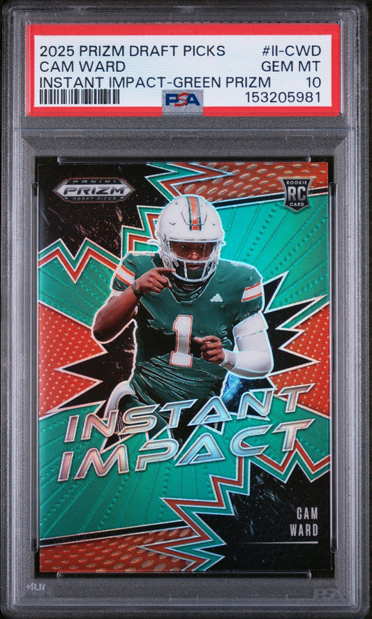 Graded 2025 Panini Prizm Draft Picks Cam Ward #IICWD Instant Impact Green Rookie RC Football Card PSA 10 Gem Mint