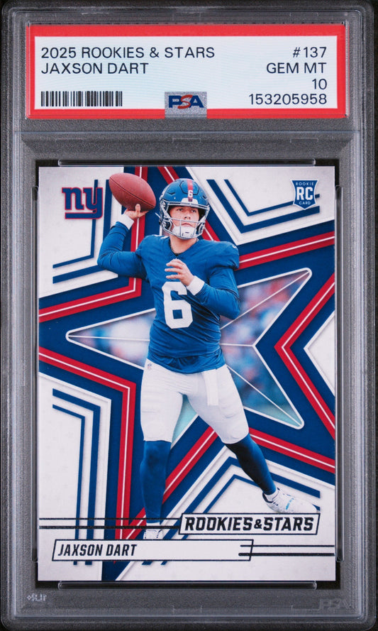 Graded 2025 Panini Rookies & Stars Jaxson Dart #137 Rookie RC Football Card PSA 10 Gem Mint