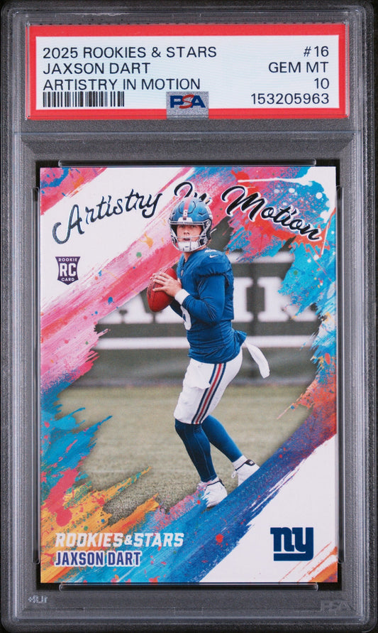 Graded 2025 Panini Rookies & Stars Jaxson Dart #16 Artistry in Motion Rookie RC Football Card PSA 10 Gem Mint