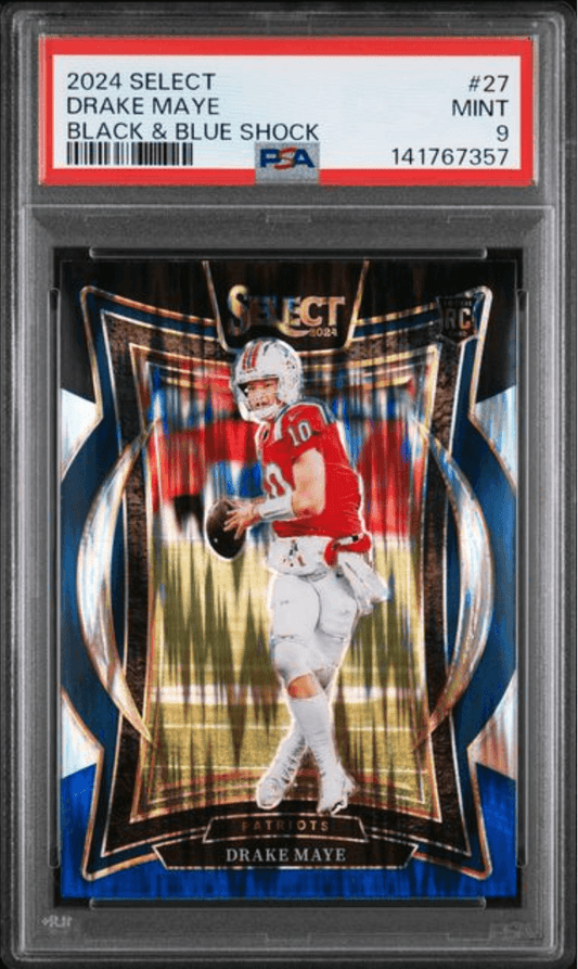 Graded 2024 Panini Select Drake Maye #27 Black & Blue Shock Rookie RC Football Card PSA 9 Mint