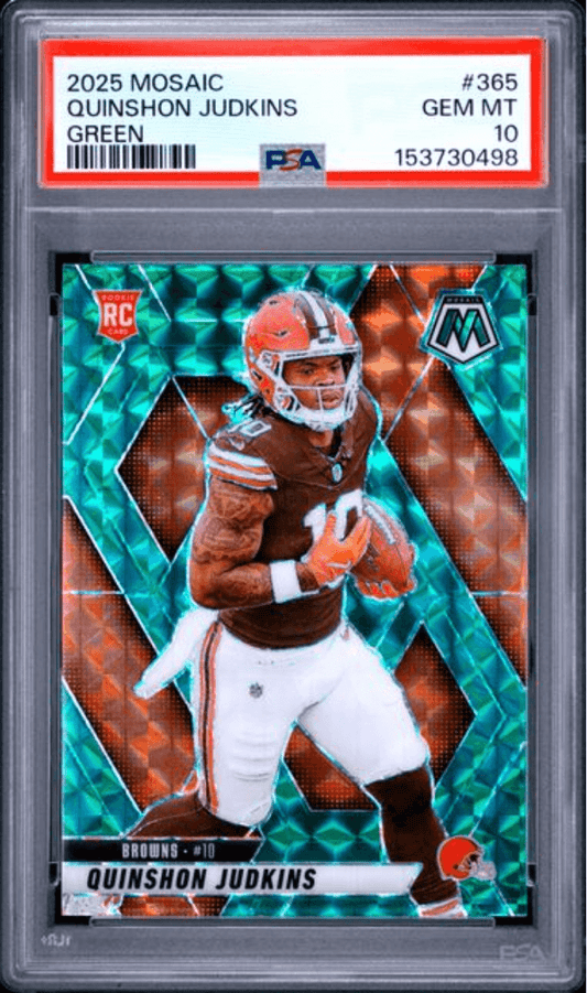 Graded 2025 Panini Mosaic Quinshon Judkins #365 Green Rookie RC Football Card PSA 10 Gem Mint