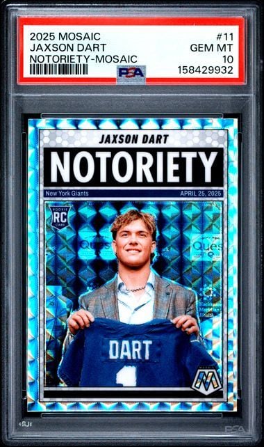 Graded 2025 Panini Mosaic Jaxson Dart #11 Notoriety Mosaic Rookie RC Football Card PSA 10 Gem Mint