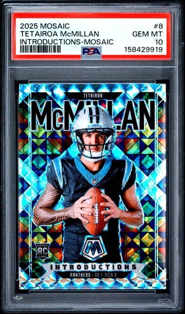 Graded 2025 Panini Mosaic Tetairoa McMillan #8 Introductions Mosaic Rookie RC Football Card PSA 10 Gem Mint