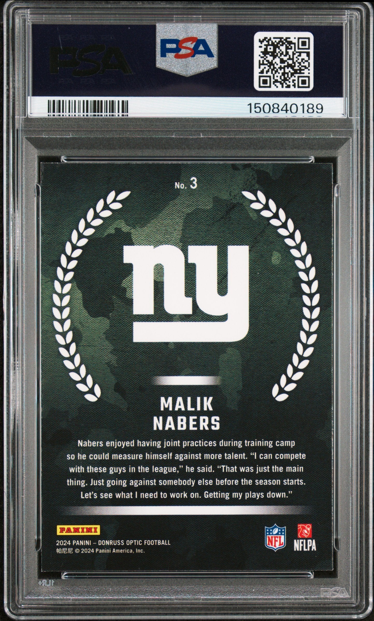 Graded 2024 Donruss Optic Malik Nabers #3 Rookie Recruits Rookie RC Football Card PSA 9 Mint