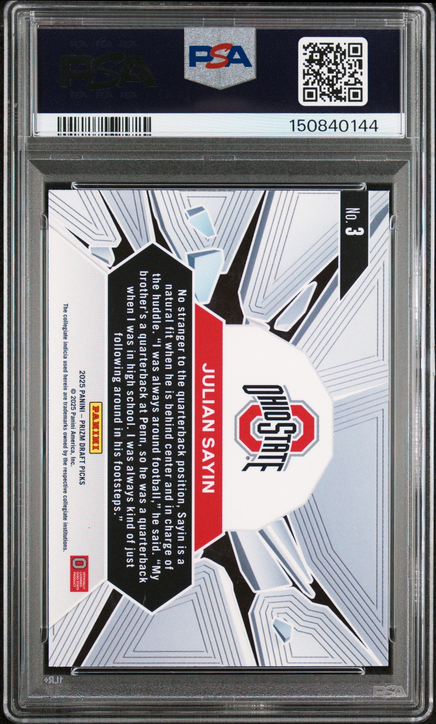 Graded 2025 Panini Prizm Draft Picks Julian Sayin #3 Prizm Break Rookie RC Football Card PSA 10 Gem Mint