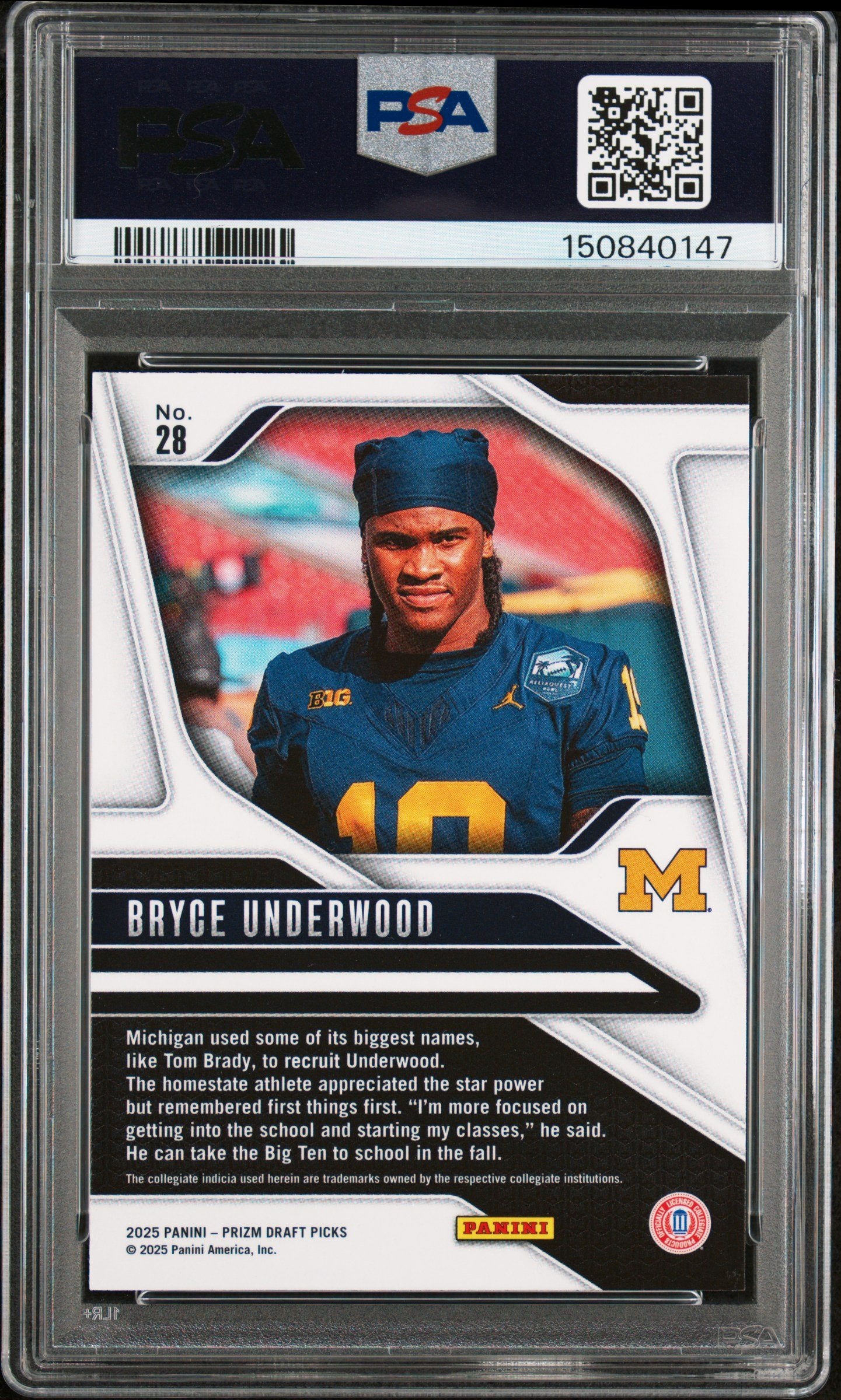 Graded 2025 Panini Prizm Draft Picks Bryce Underwood #28 Rookie RC Football Card PSA 10 Gem Mint