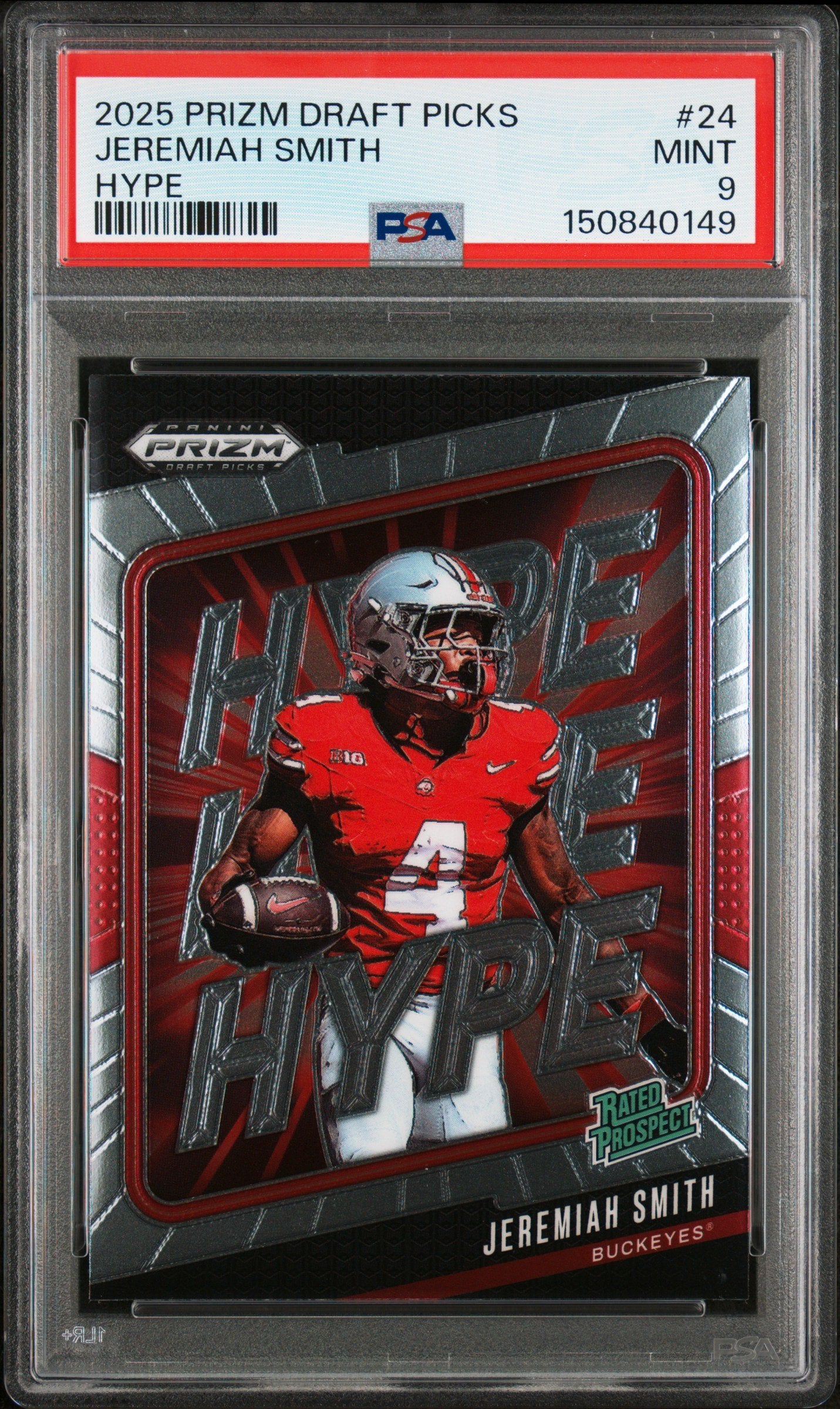 Graded 2025 Panini Prizm Draft Picks Jeremiah Smith #24 Hype Rookie RC Football Card PSA 9 Mint