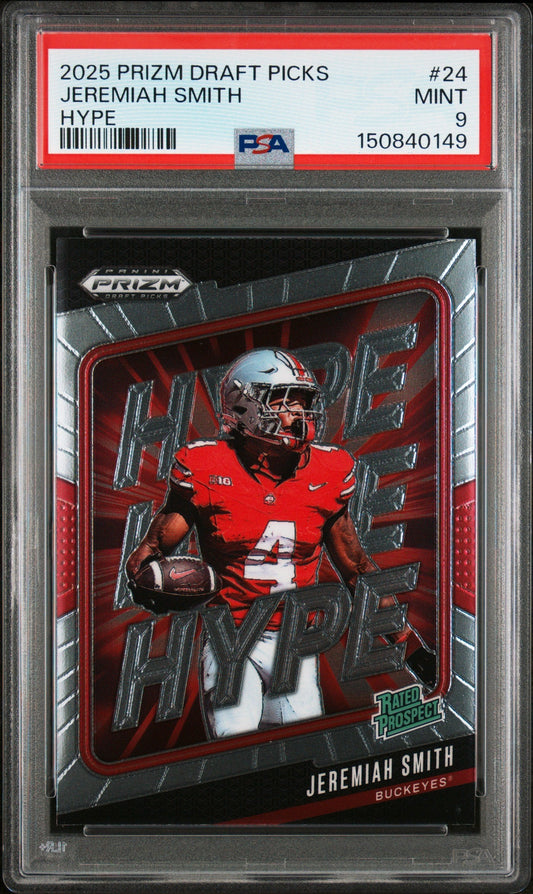 Graded 2025 Panini Prizm Draft Picks Jeremiah Smith #24 Hype Rookie RC Football Card PSA 9 Mint